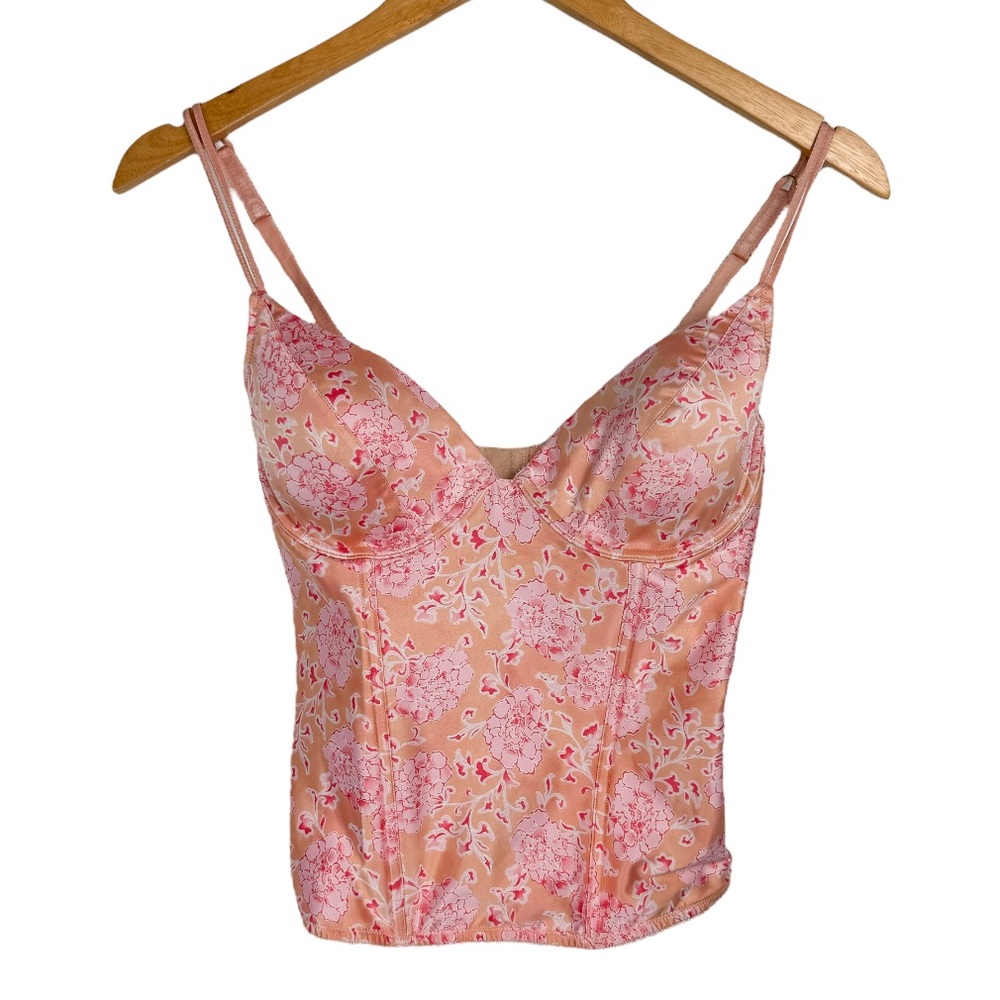 Vintage Via del Amore Satin Floral Corset Top Sz Large Boning
